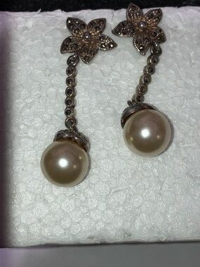 Pearl Drop Flower Chain Earrings — Gold Accent